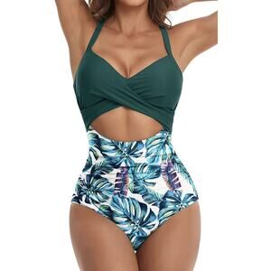 Eomenie Women’s One Piece TEAL Swimsuit Tummy Control Cutout High Waisted Wrap